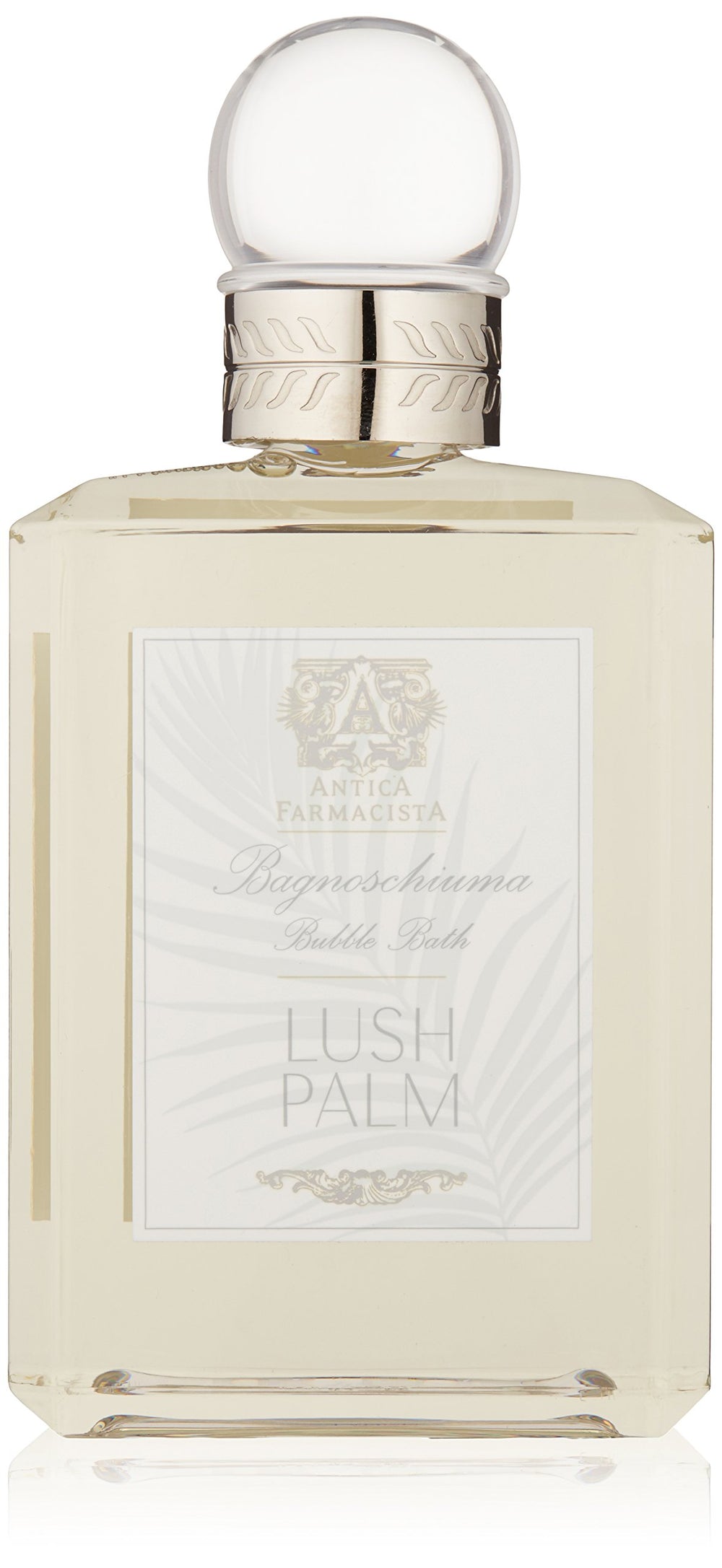 Antica Farmacista Bubble Bath with Lush Palm foam delivers a calming, long-lasting soak.