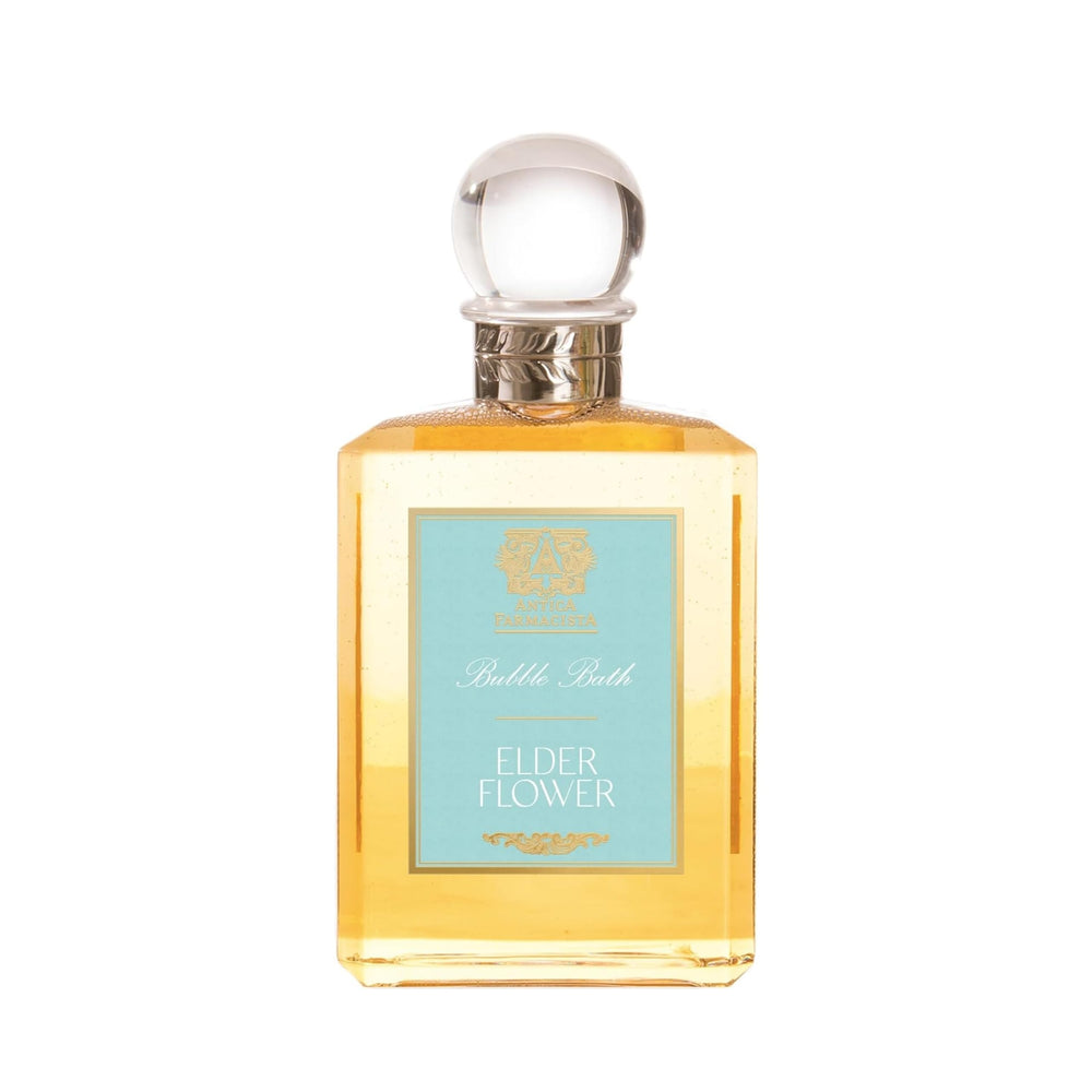 Antica Farmacista bubble bath bottle on display with relaxing elderflower foam.