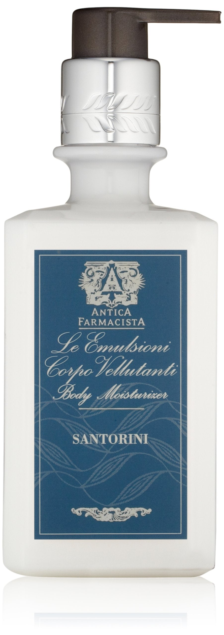 Antica Farmacista Santorini body moisturizer bottle showing hydration and a fresh citrus bouquet.