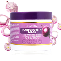 ANYELUZ Onion Hair Mask bottle close-up shows hydrating therapy for dry hair.