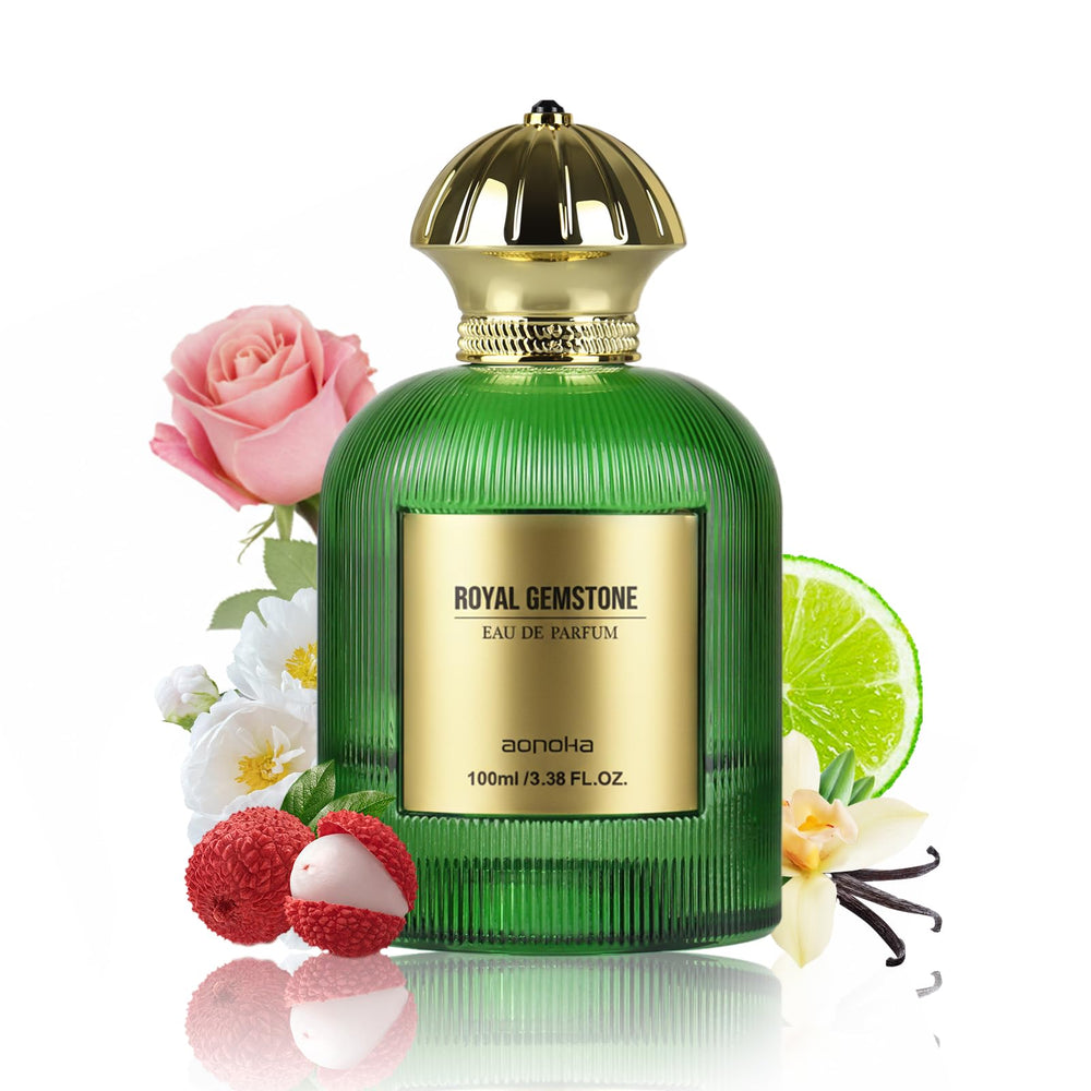 aopoka Lychee Rose bottle in emerald glass for a luxurious fragrance display