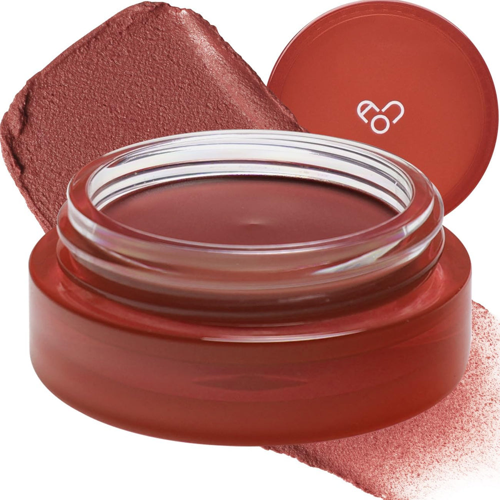 AOU Fluffy Matte Balm on lips and cheeks in Fallen Leaf shade for a natural look
