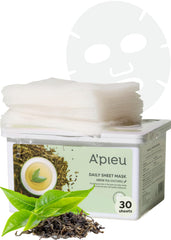 A'PIEU Daily Sheet Mask Green Tea packaging highlights moisturizing formula for all-day hydration
