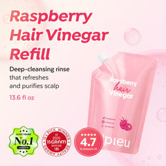 A’PIEU Raspberry Hair Vinegar refill packaging emphasizing reduced plastic for sustainable care.