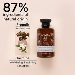 APIVITA Pure Jasmine Shower Gel lather scene emphasizes hydrating, gentle cleansing