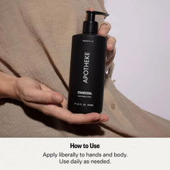 APOTHEKE Charcoal lotion fragrance notes feature cedarwood and sandalwood