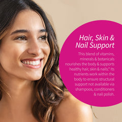 Applied Nutrition Longer Stronger Hair & Nails ingredient panel highlights biotin, silica, collagen.
