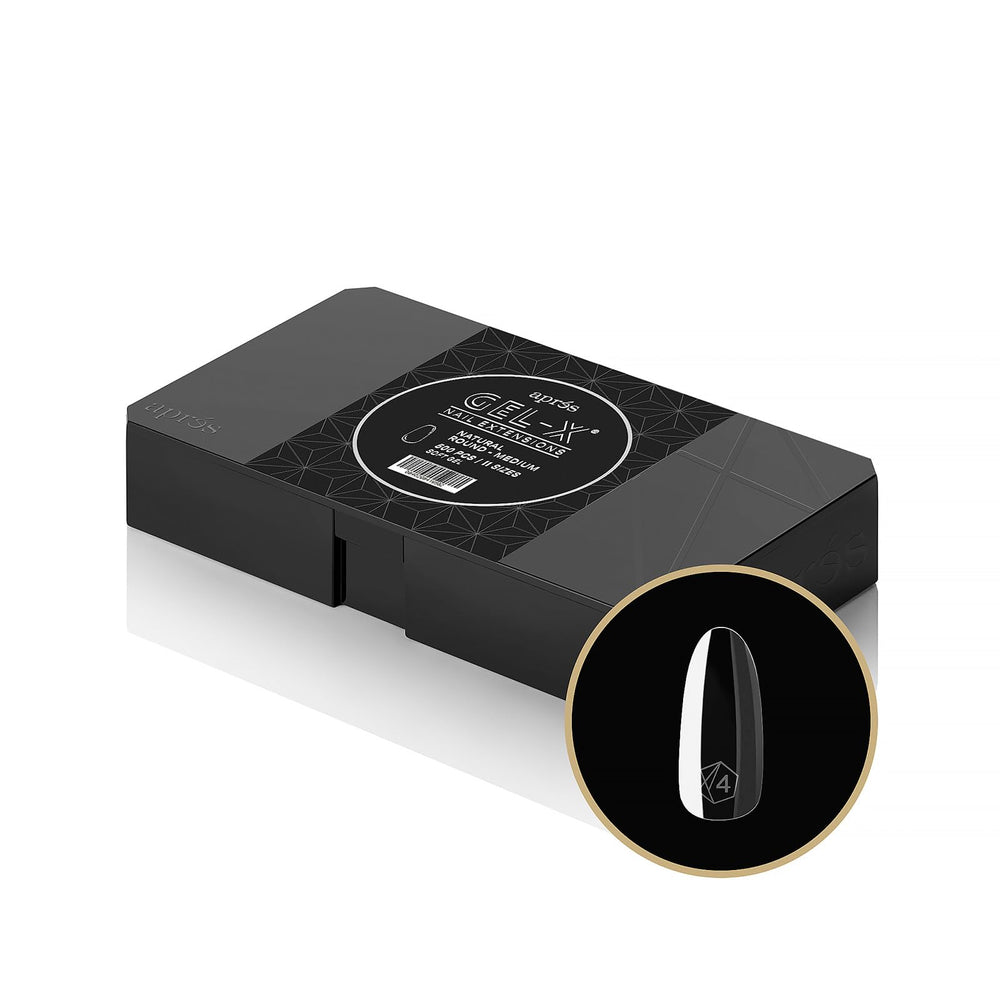 APRÉS Gel-X natural round-tip box containing 500 tips for consistent salon-quality enhancements.