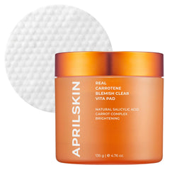 APRILSKIN Carrotene Clarifying Pads box shows vegan formula for clear, balanced skin.