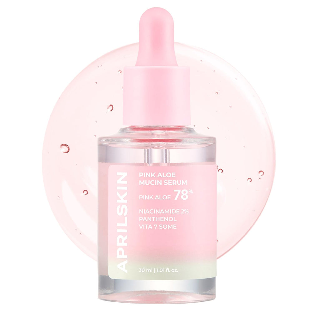 APRILSKIN Pink Aloe Mucin Serum bottle illustrates long-lasting hydration and a smooth finish.