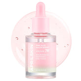 APRILSKIN Pink Aloe Mucin Serum bottle illustrates long-lasting hydration and a smooth finish.