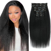 Aqifai kinky straight clip-in extensions in 16 inch length for natural volume.