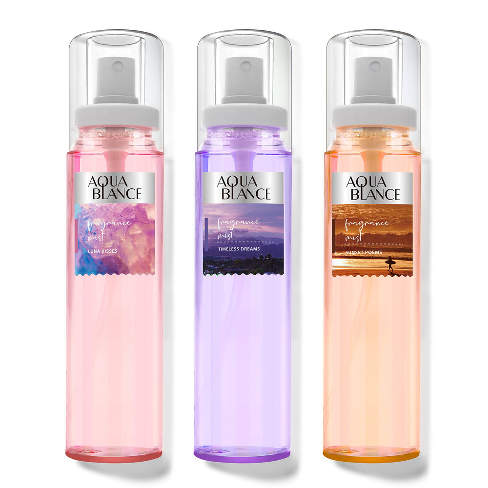 Aqua Blance body spray bottle with sleek design for everyday fragrance.