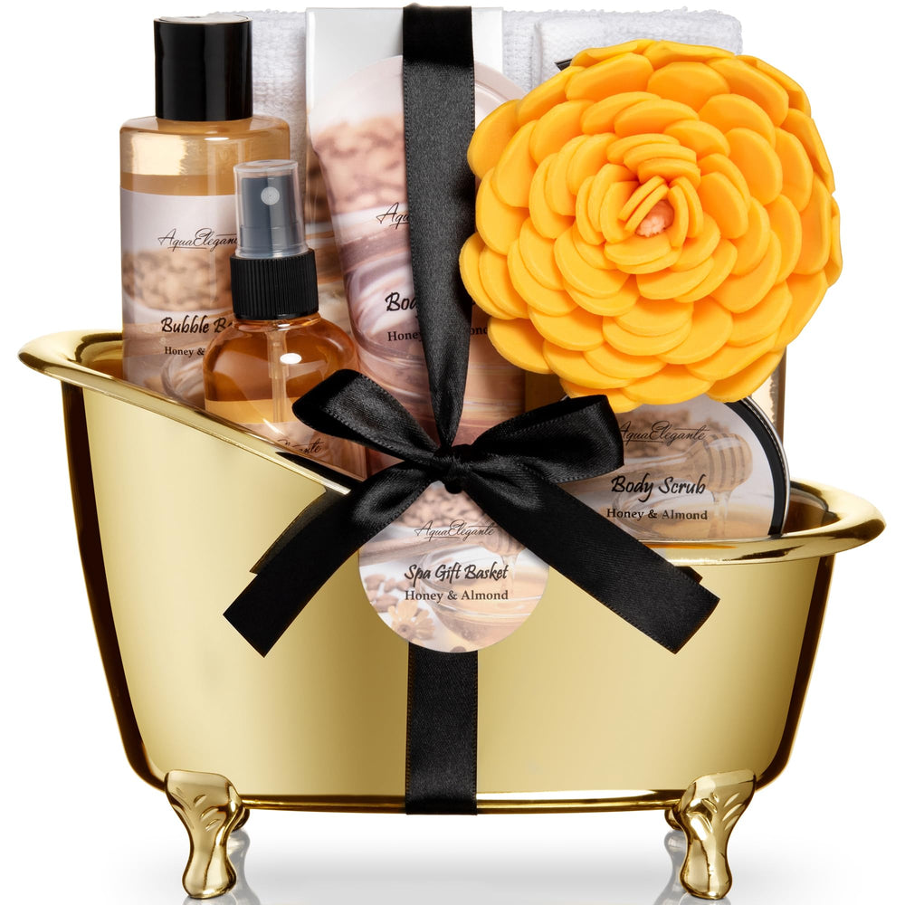 Aqua Elegante spa gift basket packaging with honey almond scent for gifting