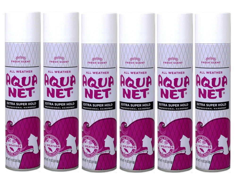 Aqua Net bottle foreground highlighting professional hold for all day style