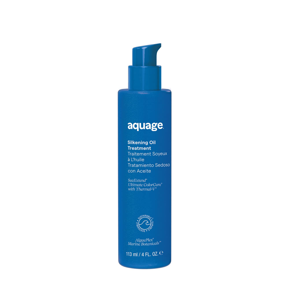 Aquage SeaExtend Silkening Oil bottle shows colorless, weightless formula for silky hair