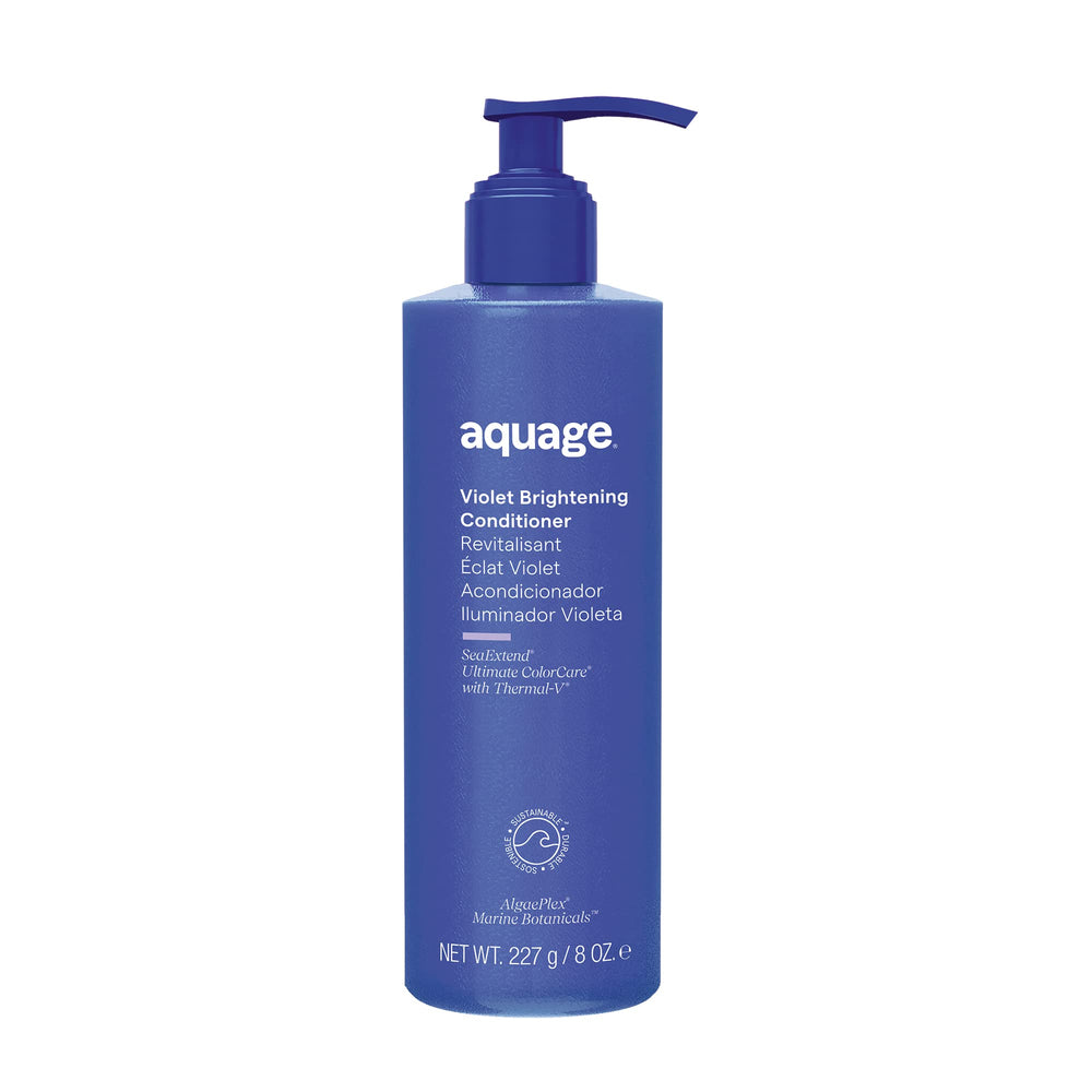 Aquage Violet Brightening Conditioner bottle shown for daily nourishment and brighter blond tones.