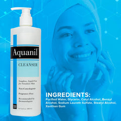 Aquanil fragrance-free label close-up emphasizes skin-safe design.