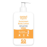 Aravi Organic Sunscreen Body Lotion SPF 50, invisible mist texture for a breathable sun shield.