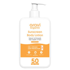 Aravi Organic Sunscreen Body Lotion SPF 50, invisible mist texture for a breathable sun shield.
