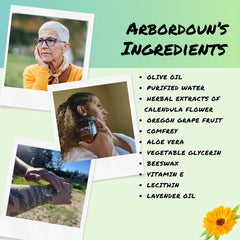 Arbordoun Calendula Cream amber jar label close-up showing natural ingredients.