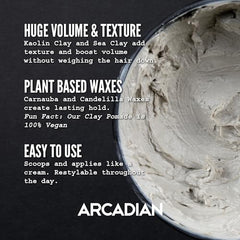 Arcadian matte finish hair shot highlights textured, non-greasy style options.