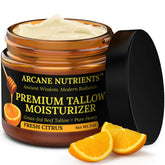 ARCANE NUTRIENTS grass-fed beef tallow balm bottle for daily hydration and soft skin.