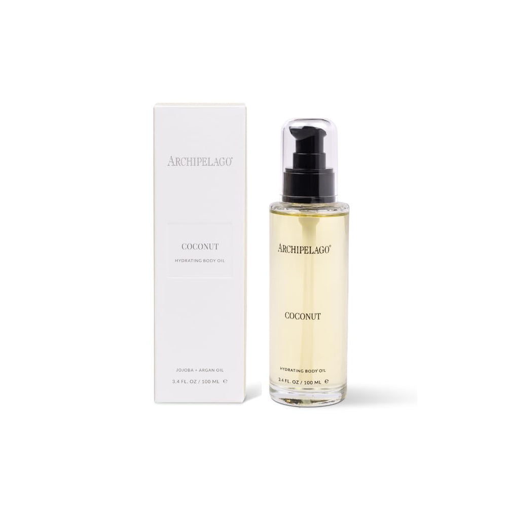 Archipelago Botanicals Coconut Hydrating Body Oil bottle showcasing tropical coconut aroma for daily hydration