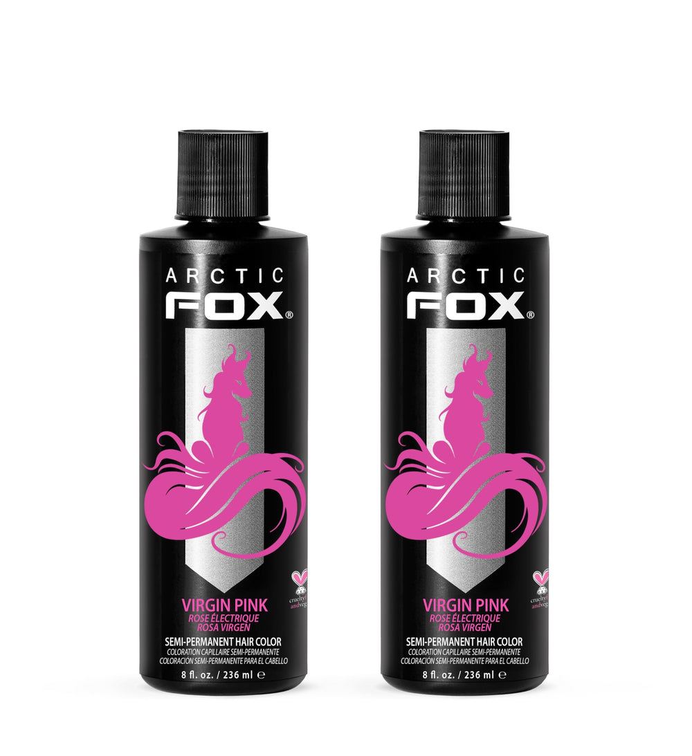 Arctic Fox Virgin Pink dye bottle for bold color on light brown hair.