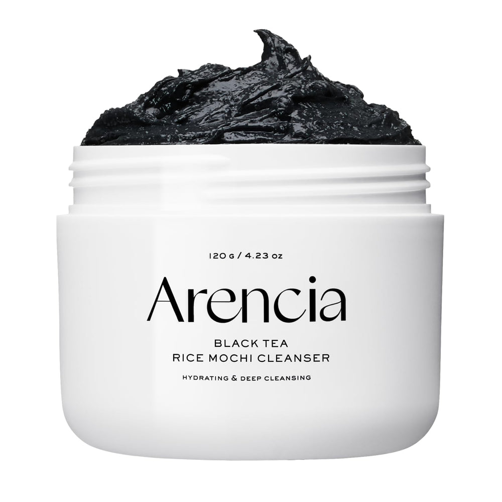 ARENCIA Black Tea Rice Mochi Face Cleanser front view emphasizes pore care and premium packaging.