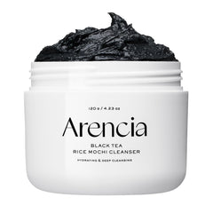 ARENCIA Black Tea Rice Mochi Face Cleanser front view emphasizes pore care and premium packaging.