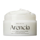 Arencia Fresh Cloud Sea Salt Scrub bottle pour for easy application and spa-like experience.
