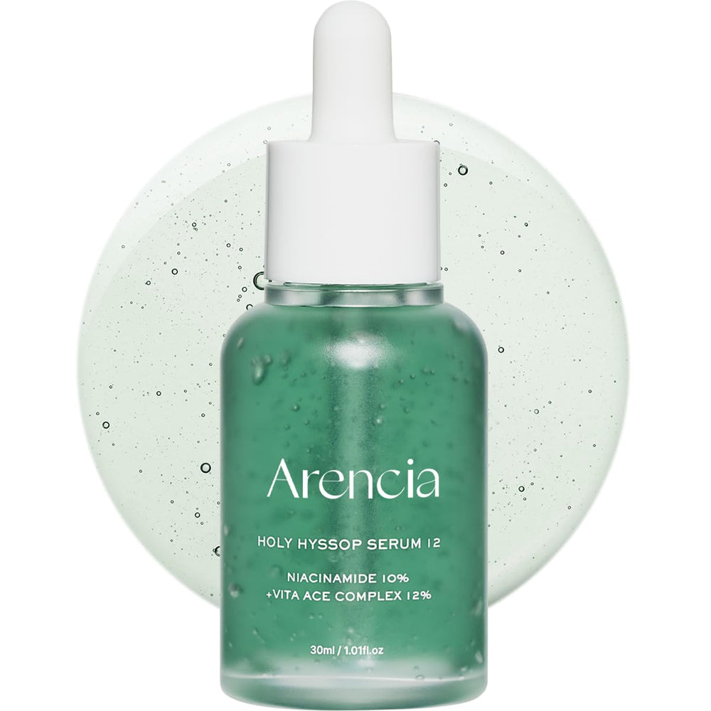 ARENCIA Hyssop Glow Serum bottle shows premium packaging and radiant skin glow
