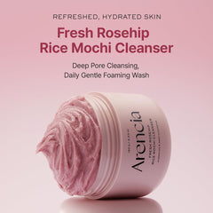 ARENCIA Rosehip Brightening Rice Mochi Cleanser closeup-foam showing rich lather for refreshed skin.