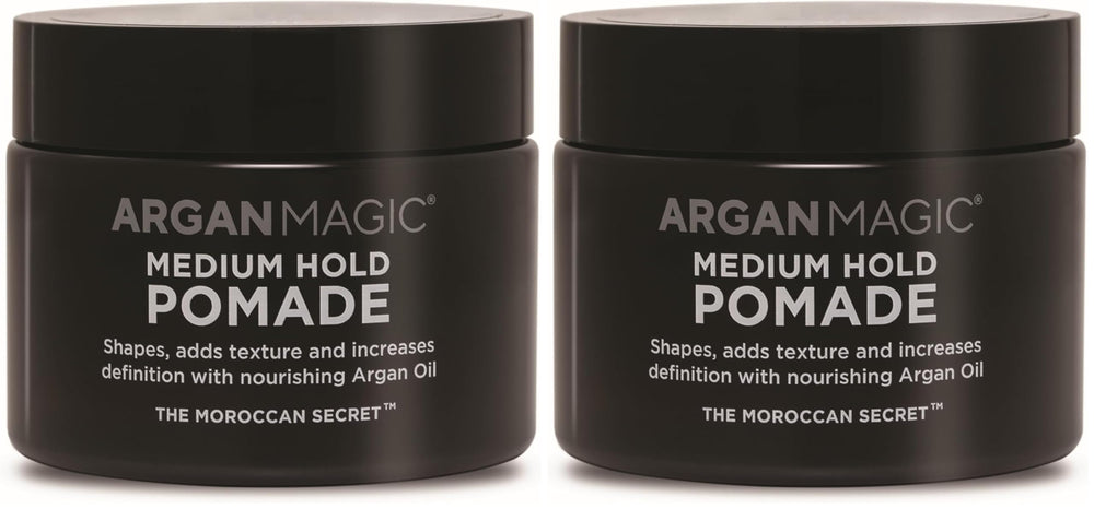 Argan Magic pomade bottle with argan oil for conditioning and shine.