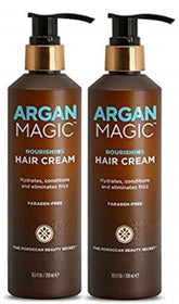 Argan Magic Nourishing Hair Cream bottle showing frizz control and shine.