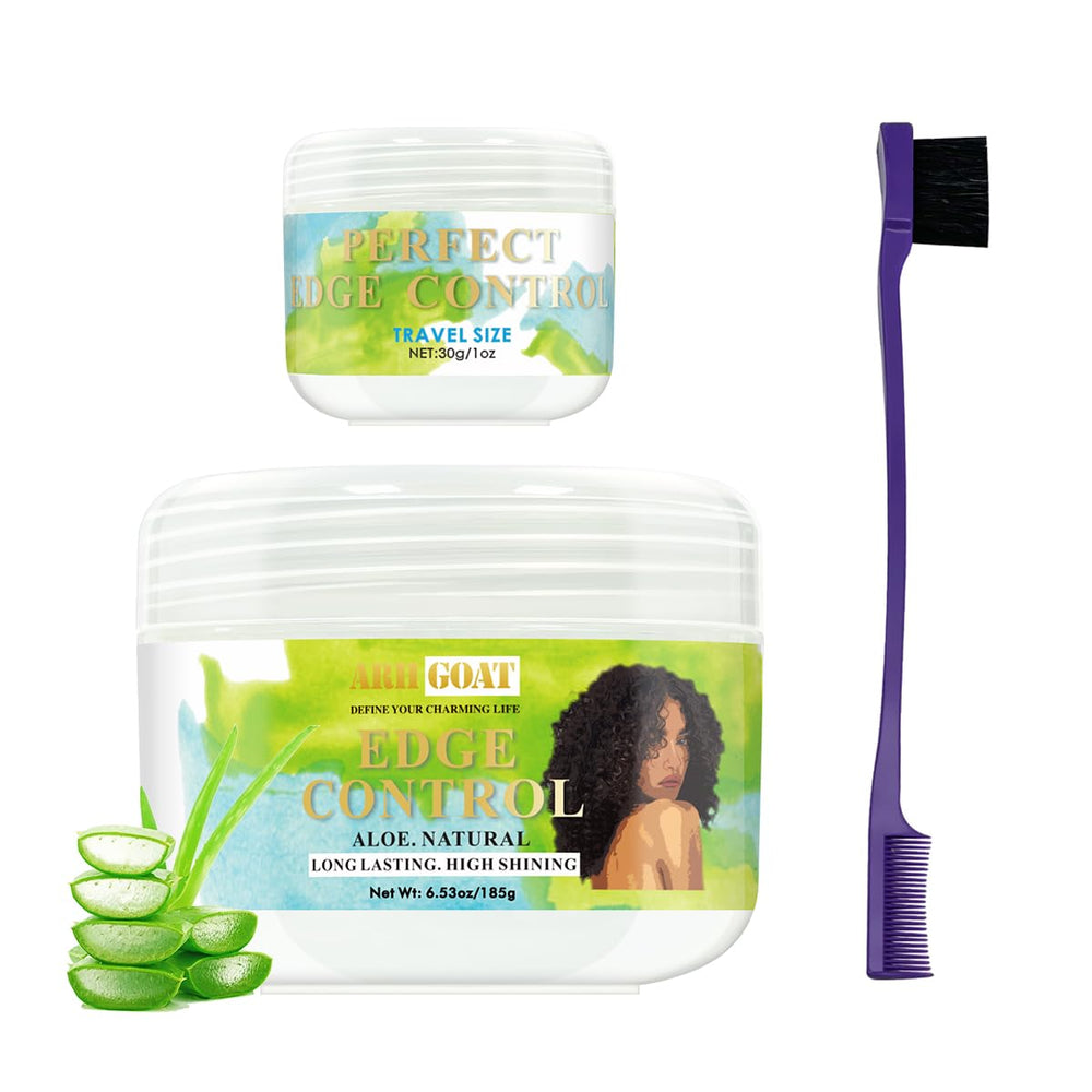 ARHGOAT Edge Control bottle closeup highlights aloe formula for durable, precise edge styling.