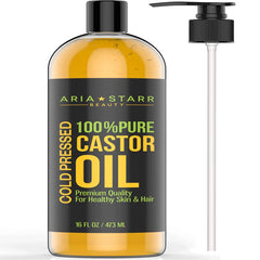 Aria Starr Castor Oil 16oz bottle with pump for easy scalp and skin application.