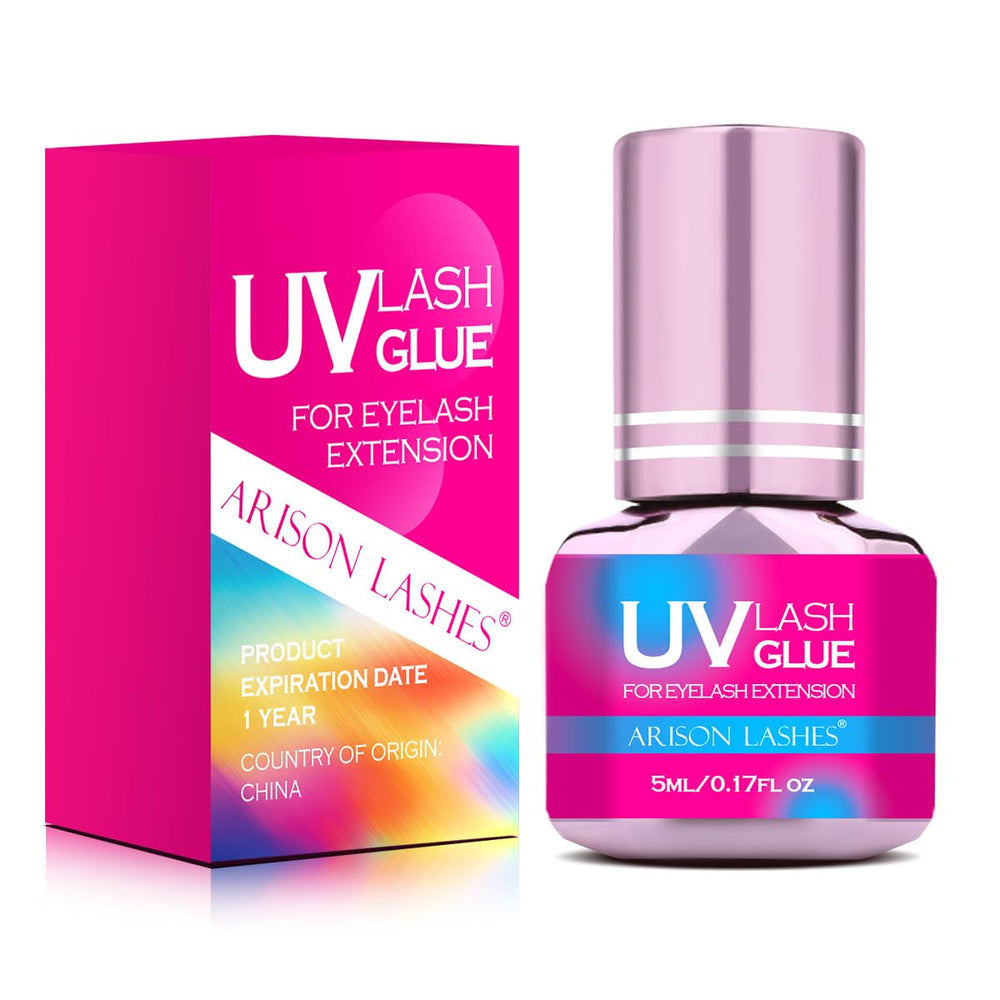 ARISON LASHES UV glue bottle with blue formula for fast cure and strong bond.