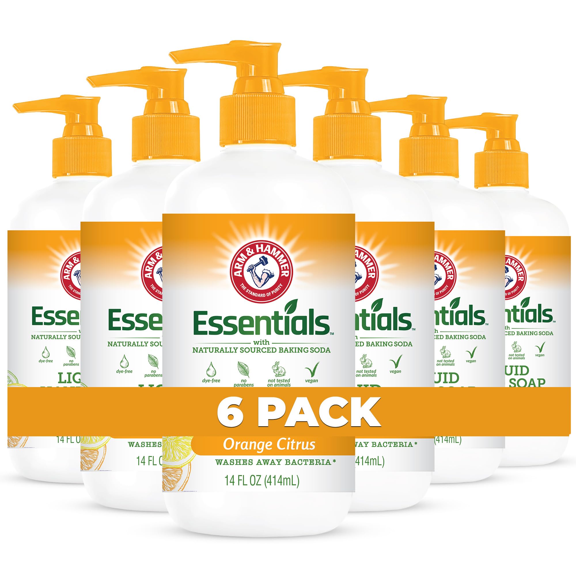 Arm & Hammer 6-pack hand soap bottle front with orange citrus scent for daily cleansing.