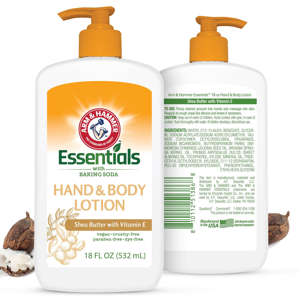 Arm and Hammer Essentials hand and body lotion bottle shows vitamin E for daily hydration