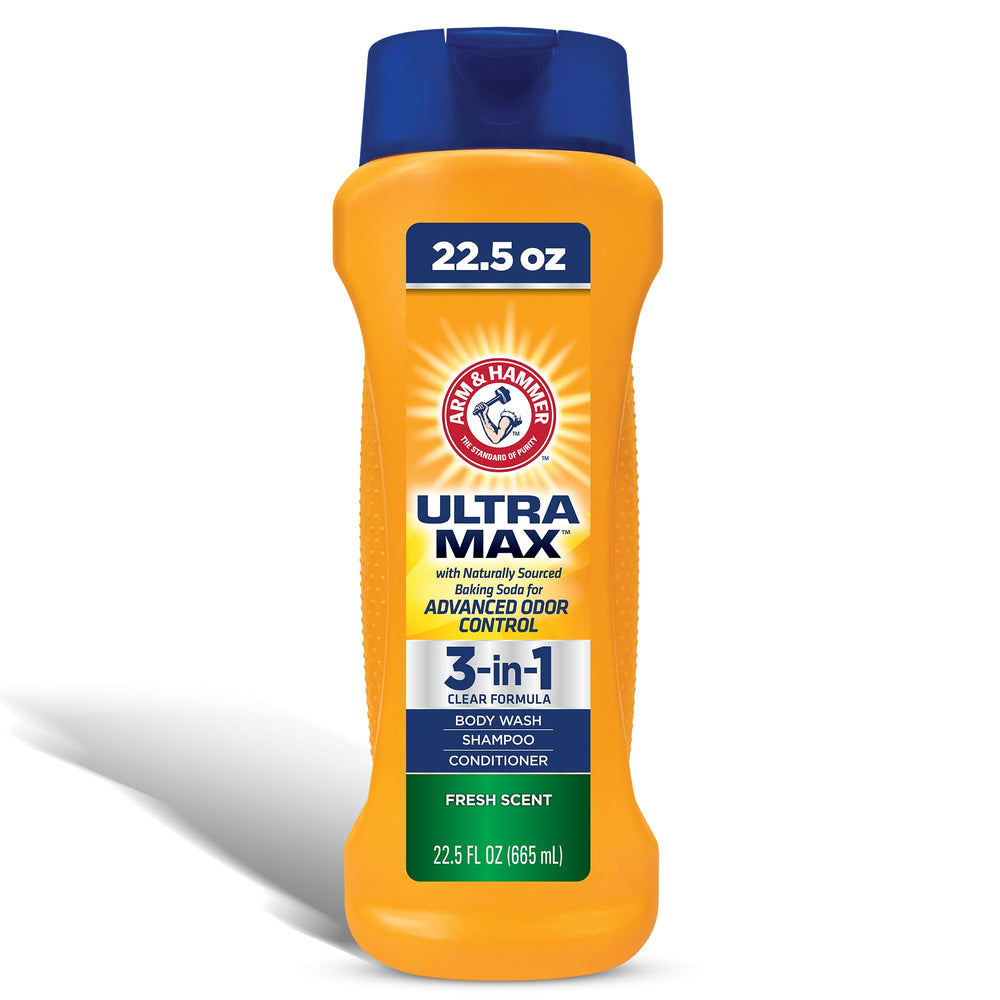 Arm & Hammer Essentials men's body wash bottle front, ideal for quick all-in-one cleansing.