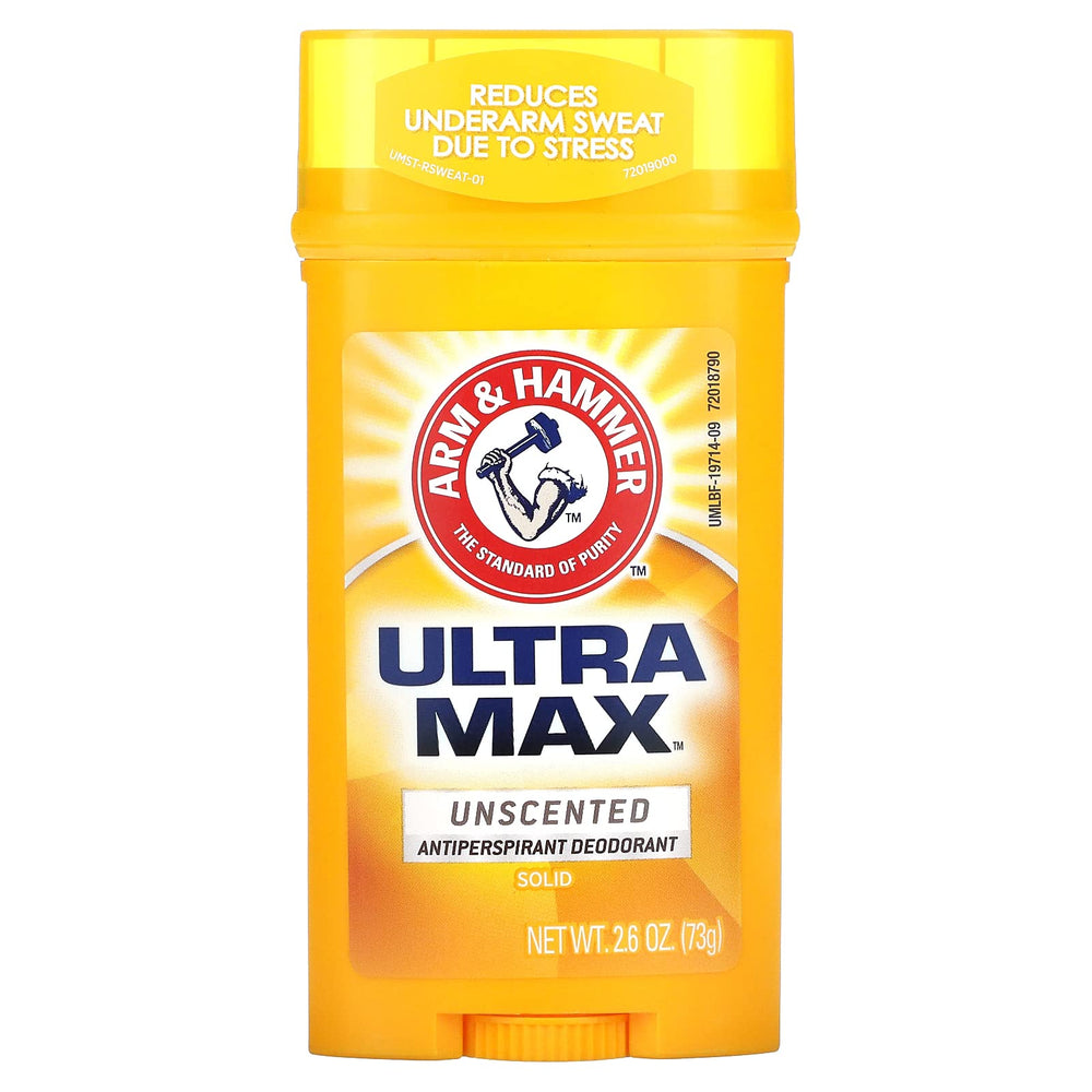 Arm & Hammer Ultramax invisible solid case showing fragrance-free protection for all-day dryness.