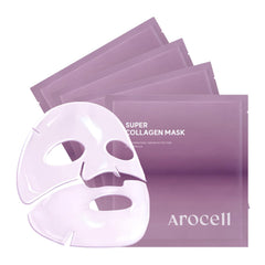 AROCELL Super Collagen Mask packaging close-up emphasizes hydration and anti-aging potential.
