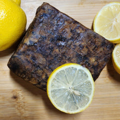 Aroma Depot Lemon African Black Soap ingredients include plantain, cocoa pods, palm leaves, and shea.