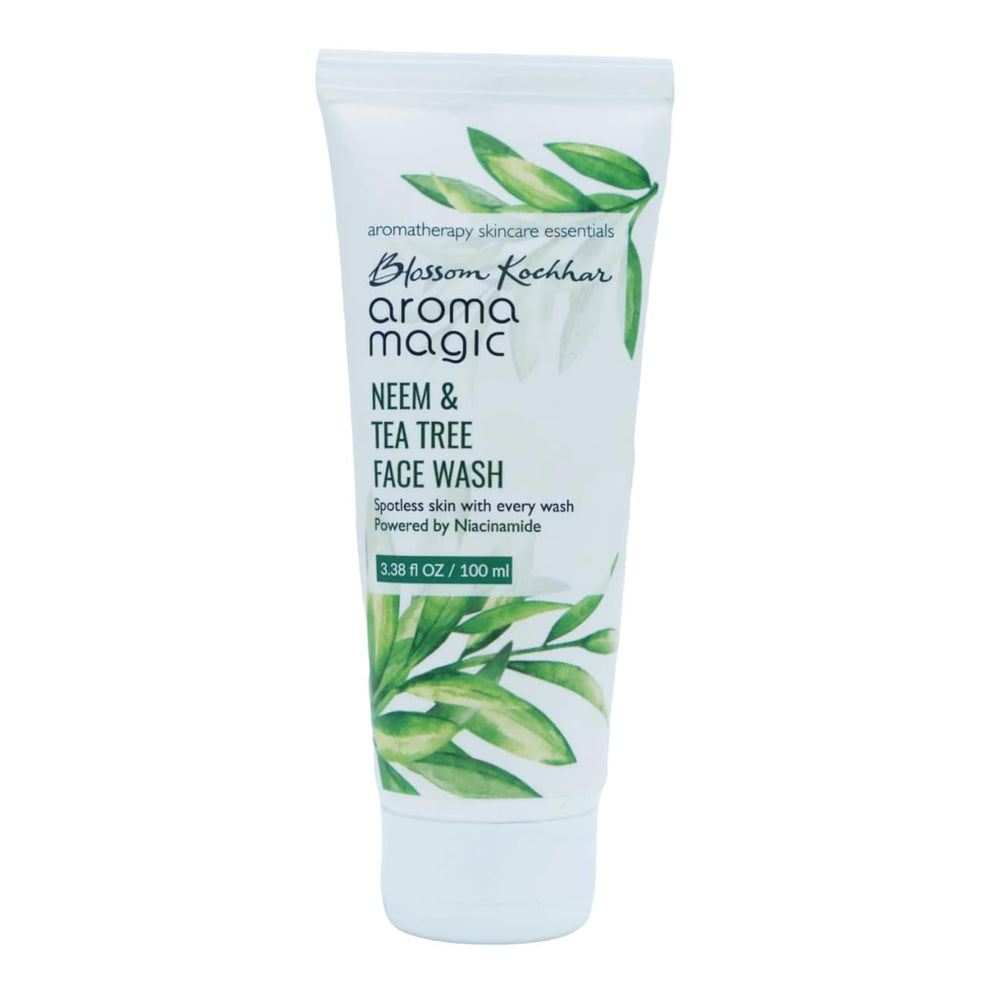 Aroma Magic Neem & Tea Tree Face Wash bottle on bathroom shelf for clear skin