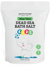 Aromasong Dead Sea Salt Kids Bath Soak bottle shows mineral-rich formula for gentle bedtime routine