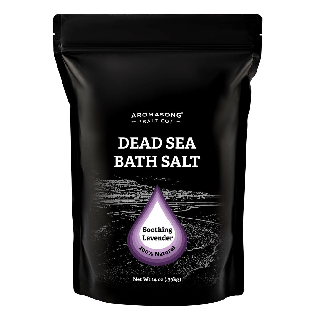 Aromasong dead sea salt lavender packaging showing premium mineral soak for skin care