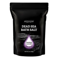 Aromasong dead sea salt lavender packaging showing premium mineral soak for skin care