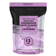 Aromasong RAW Magnesium Bath Flakes Lavender bottle pour for relaxation and mineral soak.
